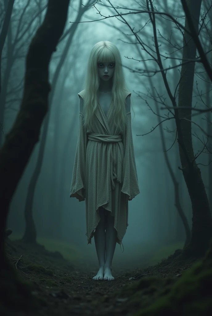 Create a surreal and psychologically unsettling creature that instills fear not because it is terrifying, but due to its uncanny appearance. The creature has the body of a very pale girl. The head should be unnervingly realistic, with vibrant, white hair and a slanted eyes that seem to watch with an almost sentient awareness. The body should be slightly distorted in a way that feels unnatural, adding to the discomfort. The creature body partially obscured by the shabby robe, should be slightly distorted in a way that feels unnatural, adding to the discomfort. The setting is an eerie, dimly lit forest where the creature is blending into the shadows, creating an unsettling atmosphere that plays on the viewer's mind