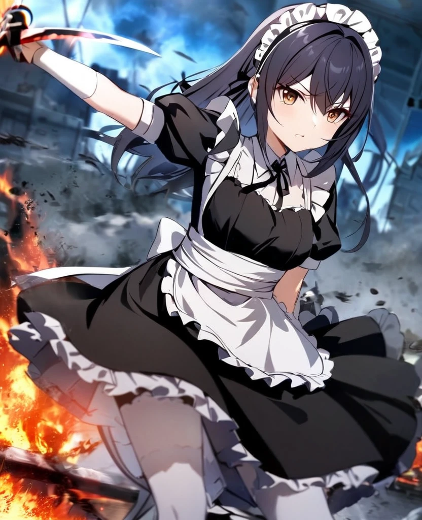 One Girl, cute, Fighting maid, Fighting with a sword, Burning Battlefield, 
