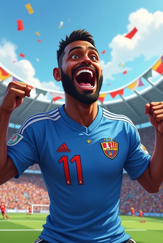 37 year old man, brown skin, trimmed black beard, short black hair, Brown eyes, blue soccer jersey, with a large red U and white border on the top left of the shirt, small gold star above the U, Adidas logo in white on the upper right side of the jersey, celebrating a goal, caricature style, Love