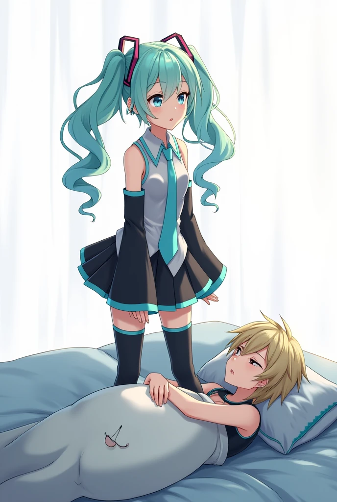 Anime art, anime style, detailed drawing, white background, high definition, high quality, one girl, solo, Hatsune Miku, aqua hair, twin tails, head ornament, headphones, number tattoo "01" (red, located on her left hand), grey sleeveless collared shirt, black detached sleeves with aqua lines, five fingers with aqua nails, aqua necktie, black pleated mini skirt with aqua lines, zettai ryouiki, thigh-high black boots with aqua lines.

An anime guy lying on bed while hugging a pillow with the image of Miku Hatsune