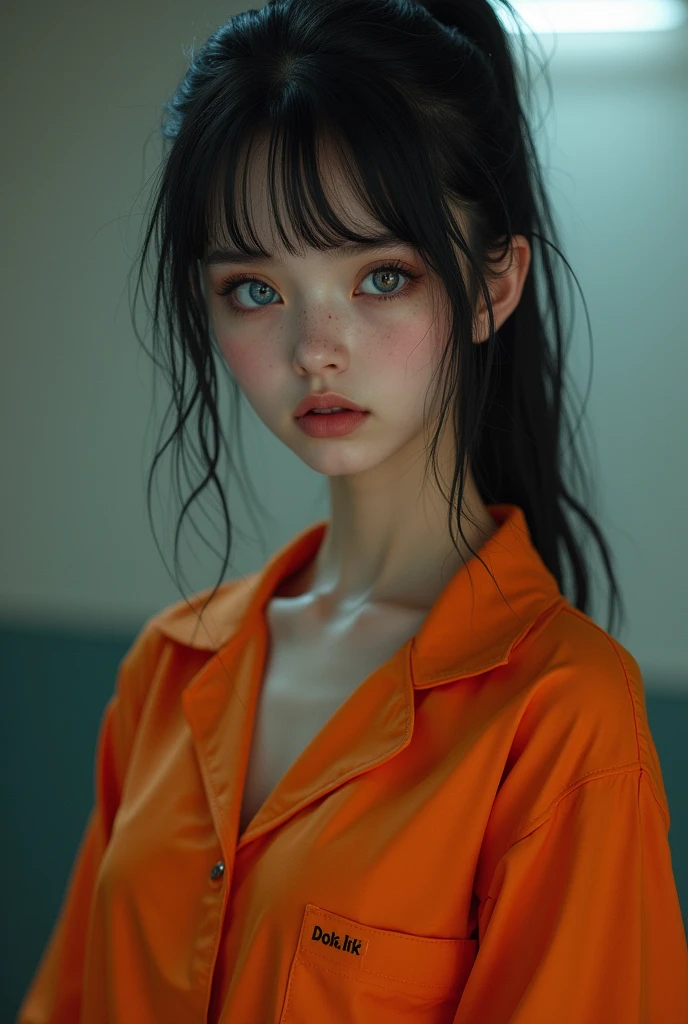 Beautiful American girl kn jail. She wears an orange prison uniform, woman with mature beauty, has pale skin and long black hair that is in a ponytail. She has soft features and freckles across her cheeks Her left eye is bright blue, and her left eye is made of glass and is yellow. Is wearing a grey t-shirt that compliments her body well. She has a mean and grumpy expression, is cynical, and standoffish.nsfw, (16K、RAW photo, highest quality, masterpiece)、(real photo)、score_9,score_8_up,score_7_up,8k, breasts, in more detail, beautiful eyes, A beautiful Japanese woman, very detailed and beautiful, very detailed, amazing details、cute beautiful woman with perfect body、real face, Beautiful woman at 30 years old、Shiny skin、A beautiful Japanese woman, (Big Tits:1.3)、Swimsuit、Shiny black swimsuit、(Her big breasts spill out of her swimsuit:1.1)、squat、M-shaped legs, women with short and long, attractive beauty, works by Greg Rutkowski, elegance, dynamic lighting, spectacular lighting, high detail, digital coloring, 8k, erotica with a clear focus, big tits, porn models, stripper, full face, without underwear, full height, various hairstyles, bust, Phosphorus, Bright colors, Micro Bikinis, Thongs