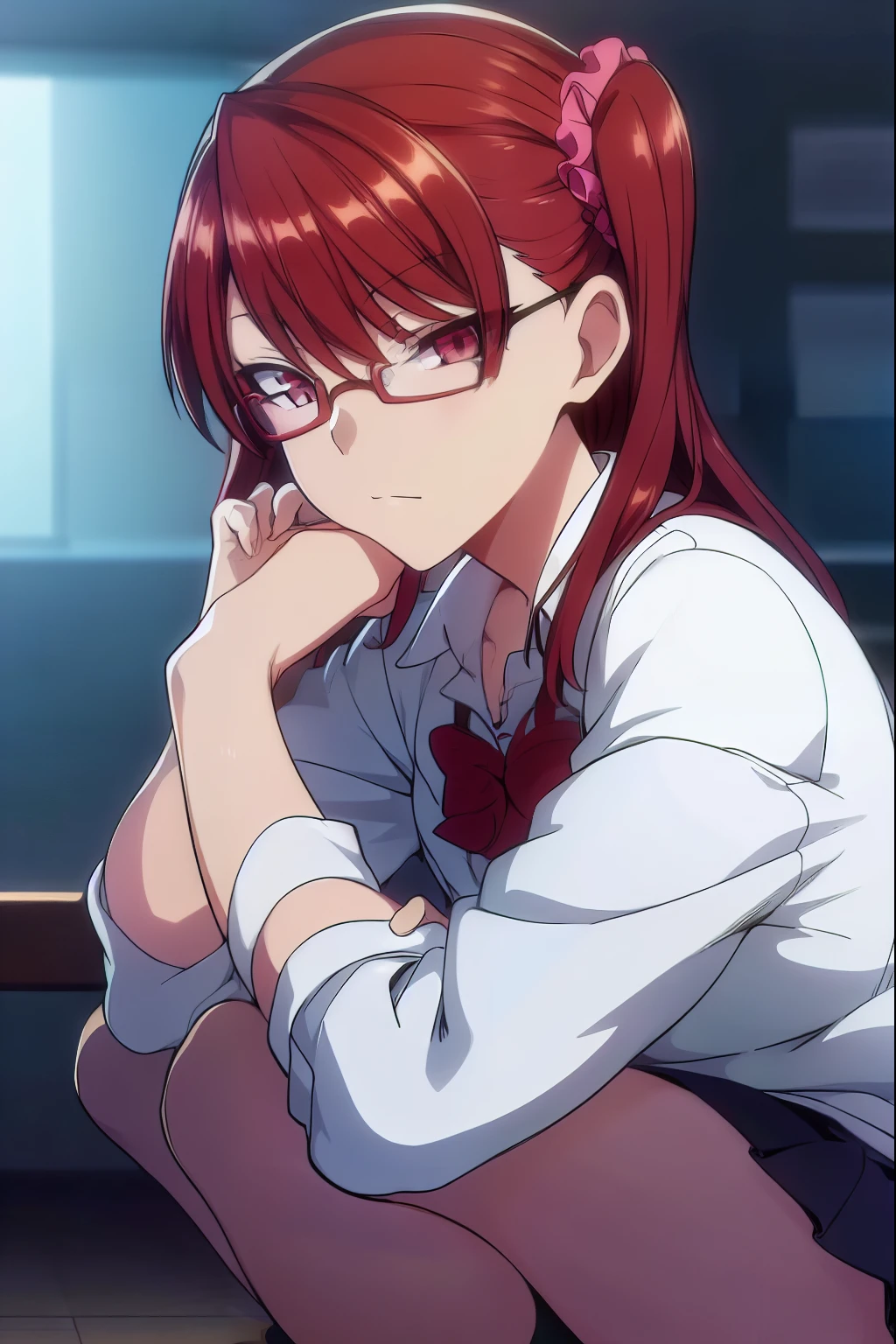 izuminogami, izumi nogami, glasses, red hair, one side up, medium hair, scrunchie, (red eyes:1.5), BREAK skirt, pleated skirt, shoes, socks, laboratory coat, BREAK looking at viewer, BREAK outdoors, park, BREAK (masterpiece:1.2), best quality, high resolution, unity 8k wallpaper, (illustration:0.8), (beautiful detailed eyes:1.6), extremely detailed face, perfect lighting, extremely detailed CG, (perfect hands, perfect anatomy),