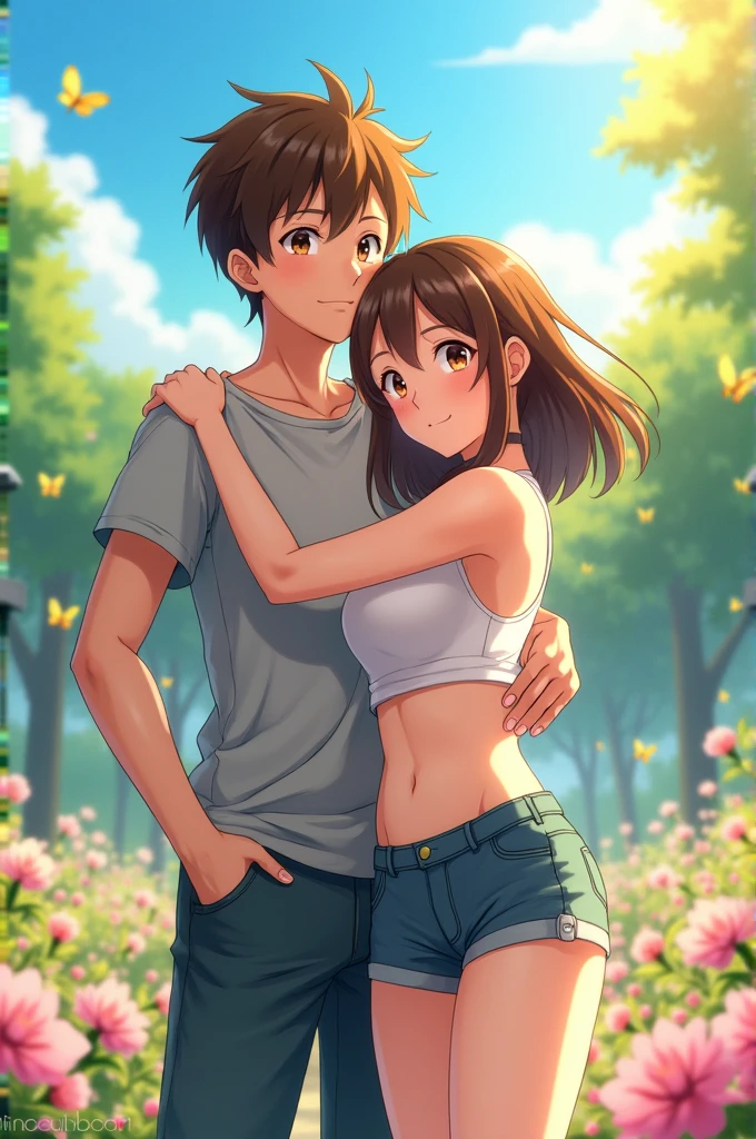 Brown-haired boy standing hugging a sexy sensual girl in shorts and a crop top with brown hair and long bangs anime standing