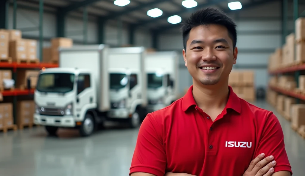 A photo of a delivery worker wearing a red shirt with the ISUZU logo on the right side of the shirt. The worker should be a man. The background is a warehouse with three closed-box Isuzu pickup trucks parked in the back.