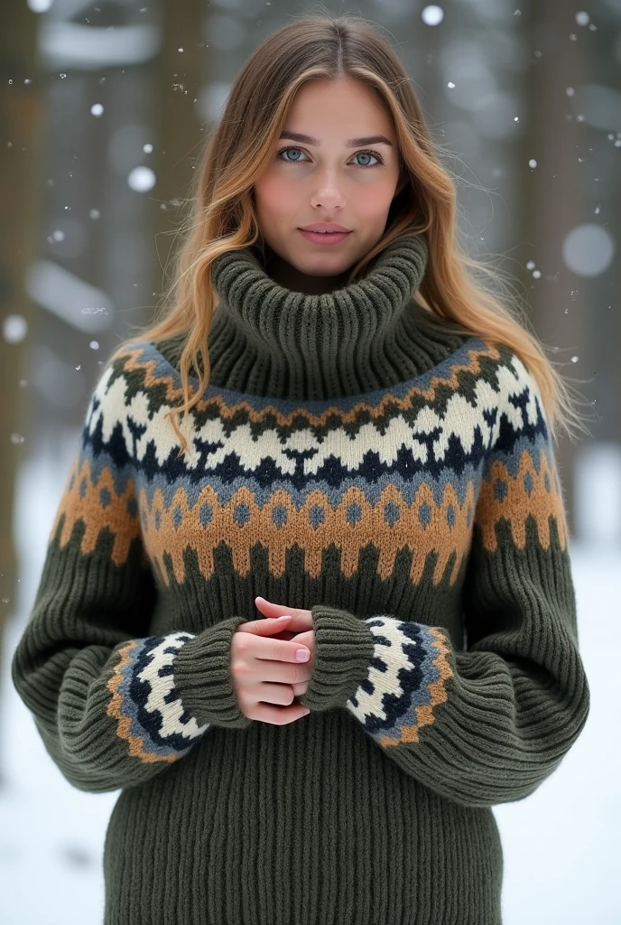 "Design a stylish winter sweater featuring intricate patterns inspired by Nordic or Scandinavian designs. The sweater should be cozy and warm, with a modern twist—using muted, earthy tones such as deep browns, soft grays, and forest greens. Include detailed knit textures like cable knitting or geometric patterns. Make the sweater oversized for comfort, with a high collar or turtleneck. Add unique accents like embroidered cuffs or a subtle, nature-inspired motif on the chest."