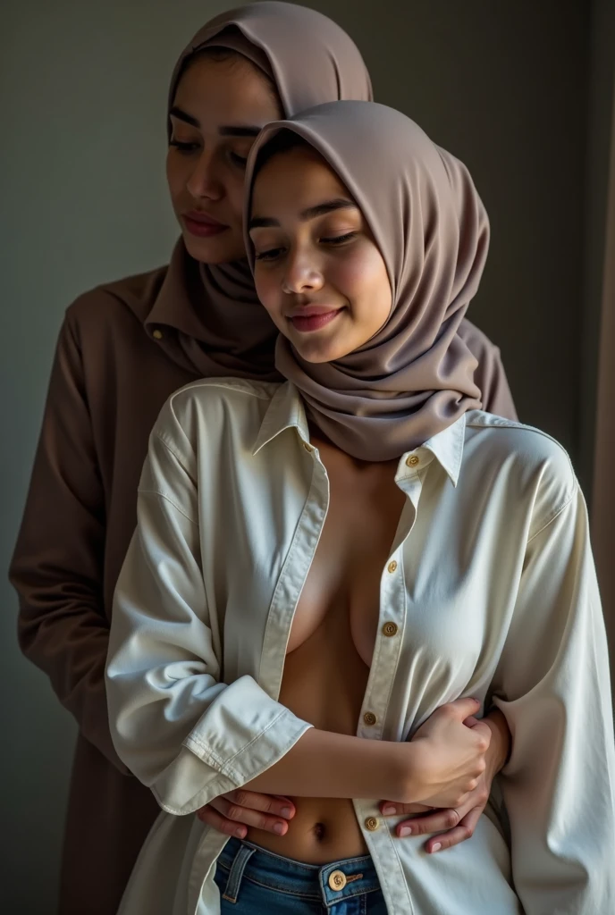 beautiful Indonesian hijab woman with open chest buttoned shirt, visible bra, is massaging the penis of a 14 year old boy