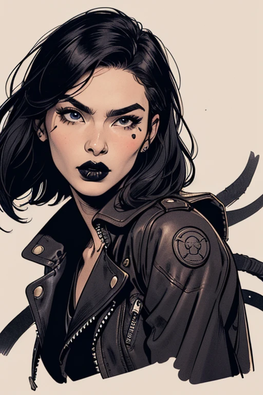 close-up of a woman in a leather jacket, inspired by Hedy Xandt, trends in the CG community, popular south korean draw up, chin length hair, Dark Cape, 💣 💥, Southeast Asian woman with a round face, avatar image, Wlop Loish and a style clip, Instagram model, Cindy Avelino, with short hair, Hana Alice Omer, draw up, black lips