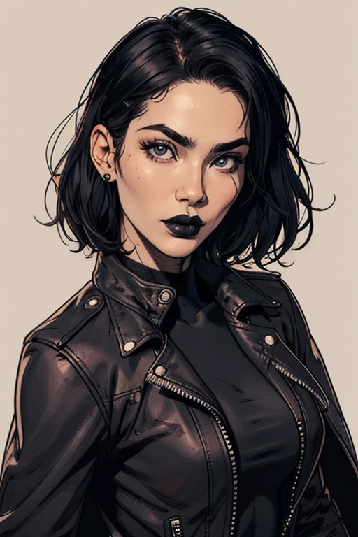 close-up of a woman in a leather jacket, inspired by Hedy Xandt, trends in the CG community, popular south korean draw up, chin length hair, Dark Cape, 💣 💥, Southeast Asian woman with a round face, avatar image, Wlop Loish and a style clip, Instagram model, Cindy Avelino, with short hair, Hana Alice Omer, draw up, black lips