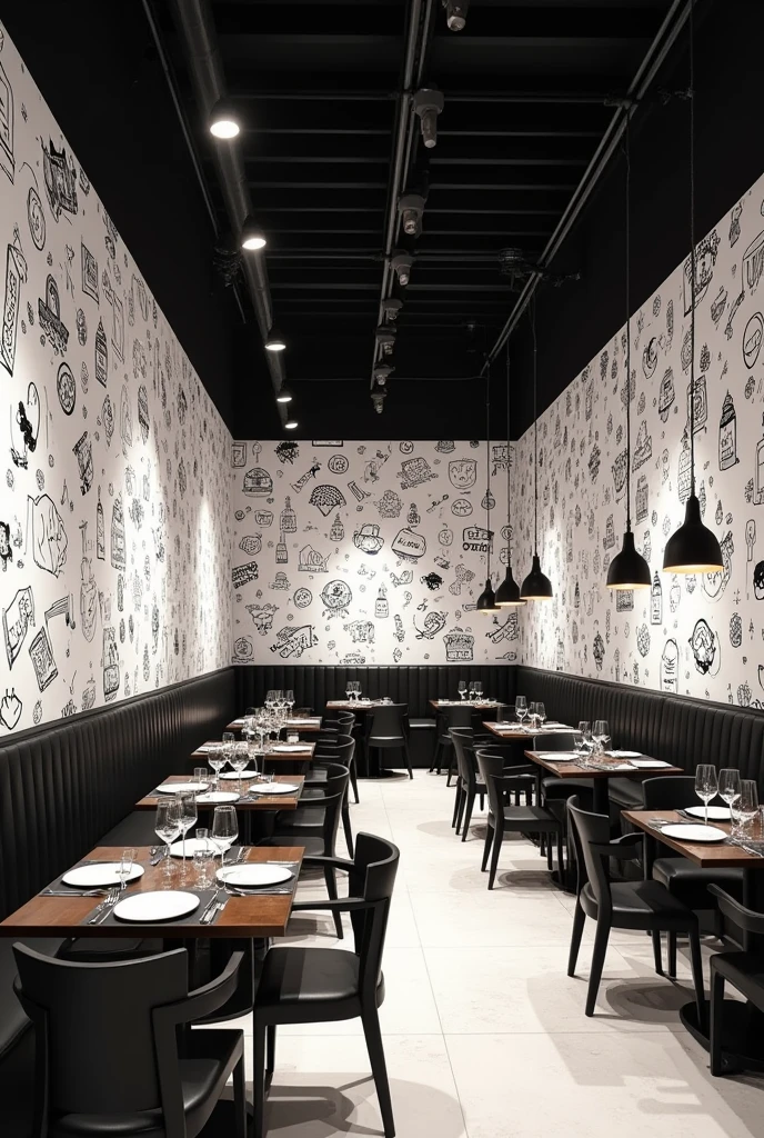 Full picture of a super simple rectangular restaurant with black and white theme and the walls have wallpaper with black and white cartoon doodles drawn on them similar to the doodles of the content creator “Mr. Doodle”