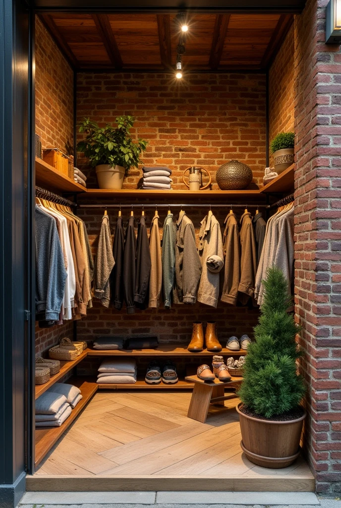 A small 9m x 4m artisan clothing store with storage and display spaces, a men's store
