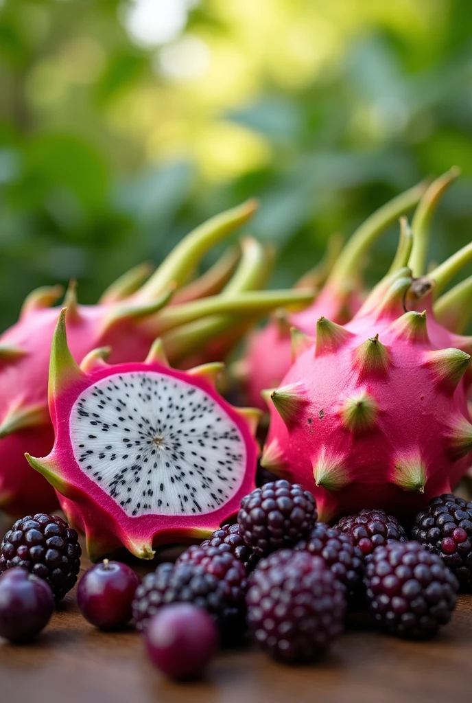 Dragon fruit and mulberry fruit photo background 16:9 ratio size