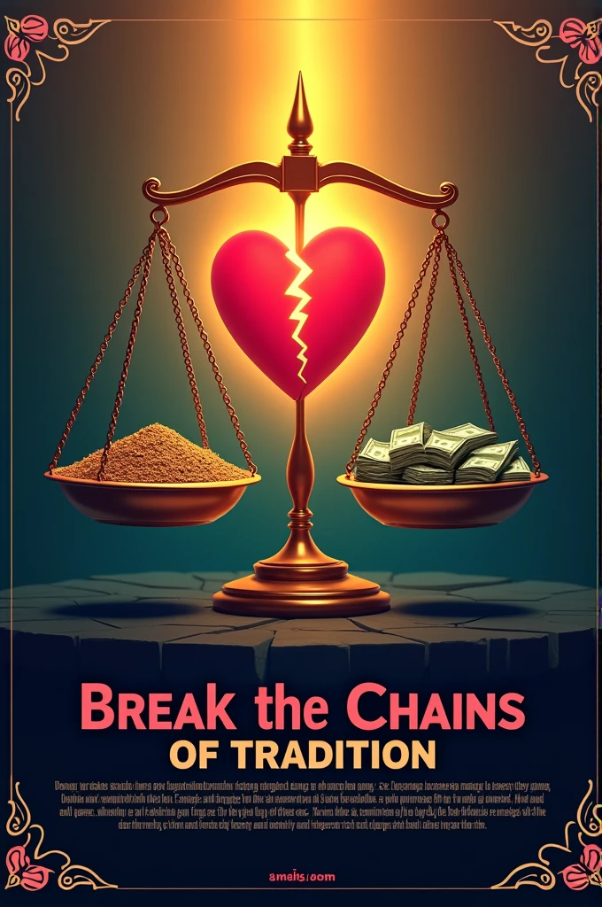 Certainly! Here's a conceptual design for a poster addressing the evils of dowry:

Title: "Say No to Dowry: Embrace Equality"

Visual Elements:

Central Image: A broken scale with money on one side and a heart on the other, symbolizing the imbalance caused by dowry.
Background: A gradient fading from dark to light, representing the transition from outdated practices to modern, equitable thinking.
Text Elements:

Top Section (Header):
"Dowry: A Tradition That Tears Families Apart"

Middle Section (Key Points):

"Perpetuates Gender Inequality": Highlighting how dowry practices reinforce the notion that women are less valuable.
"Causes Financial Burden": Showing how dowry demands place undue financial pressure on families.
"Leads to Domestic Violence": Addressing how dowry-related disputes can escalate into violence and abuse.
"Undermines Dignity": Emphasizing the dehumanizing effects on both women and their families.
Bottom Section (Call to Action):

"Break the Chains of Tradition": Encourage people to challenge and change outdated practices.
"Promote Equality and Respect": Advocate for a society where marriages are based on mutual respect, not financial transactions.
Footer:

"For More Information and Support, Visit [Website] or Call [Helpline Number]"
Design Notes:

Use a bold, readable font for key messages.
Incorporate contrasting colors to make the poster visually striking and to emphasize important points.
Ensure the images and text are balanced and not overcrowded, allowing for easy readability and impact.
This design aims to raise awareness and prompt action against the practice of dowry, promoting a message of equality and respect.


You said:
Please make it a picture 
ChatGPT said:
ChatGPT
I’m currently unable to create images directly, but I can guide you on how to design the poster using graphic design tools. Here’s a step-by-step guide you can follow using tools like Canva, Adobe Spark, or any graphic design software:

Canvas Setup:

Open your graphic des