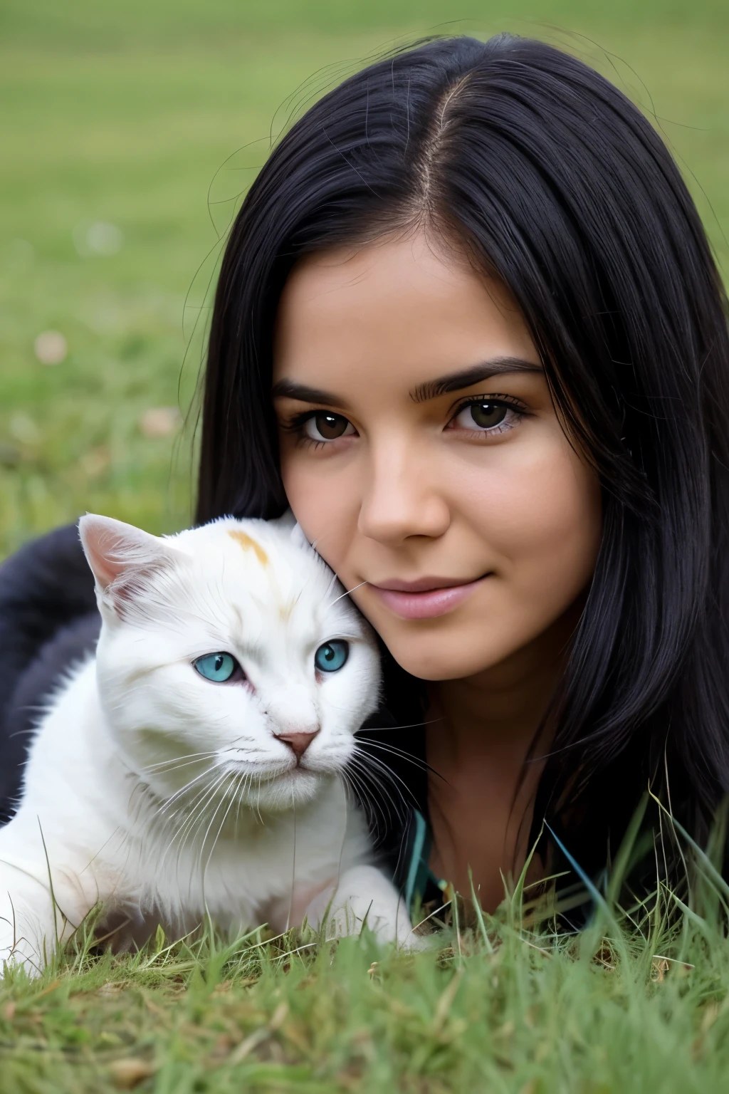 Brazilian white woman with round face, long wavy black hair, black eyes and very white skin, 
Ao lado de Black Labrador puppy, dystopian reality, grassy place, Black Labrador puppy, cat black, beautiful place
