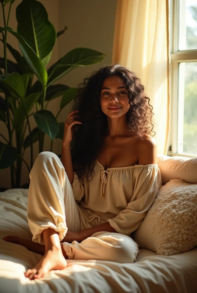 (photorealism:1.2), beautiful indian god maa durga, sitting on bed, wearing loose off-shoulder top, pajama pants, long curly hair, indoors, soft lighting, plants in background, window with sunlight, cozy room, relaxed pose, realistic, intricate details, warm colors, by Greg Rutkowski, by Alphonse Mucha