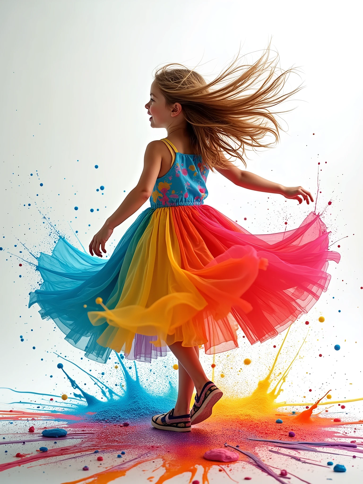 girl with colorful hair, spinning girl, wearing colorful rainbow style dress, splashing colorful paints on white background, background splash