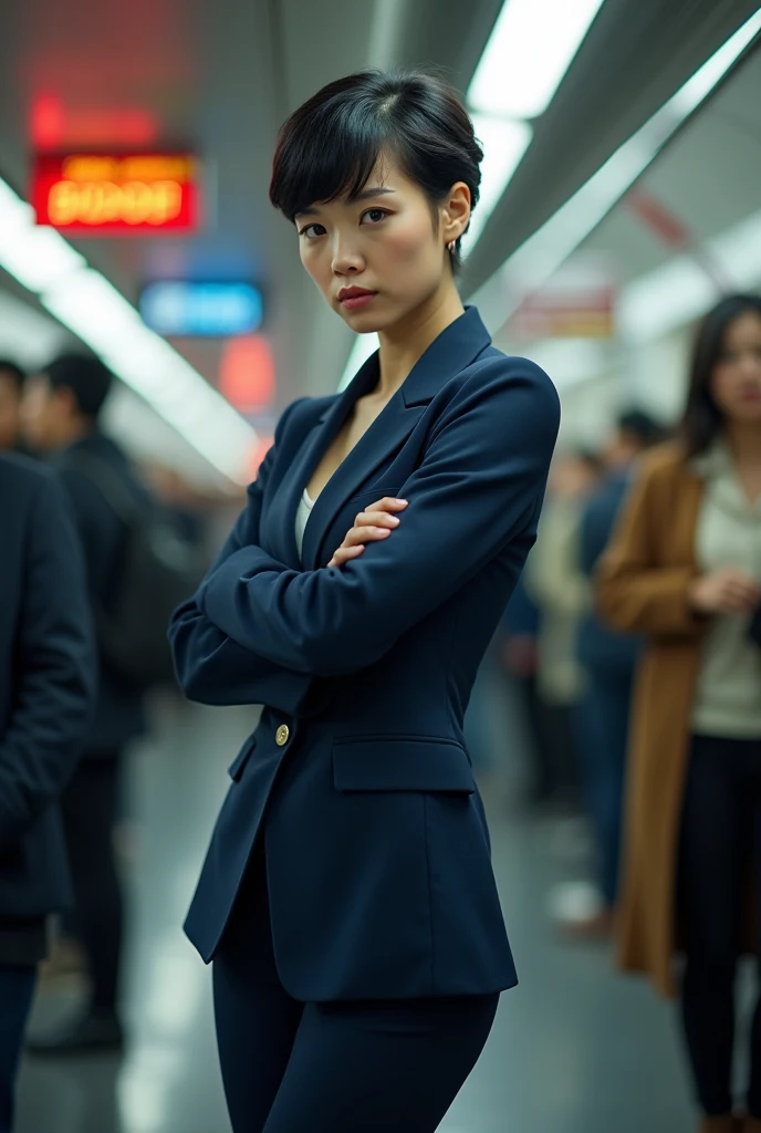 26 year old beautiful busty asian woman,Highest vulgarity image quality、realistic、16K、vulgarity face、cute、short perm hair、muscular,Standing、OL in the subway、navy suit、whole body、Annoyed、panoramic、show me your long legs、Photographed quite far away、whole body姿、arms folded、Full body、