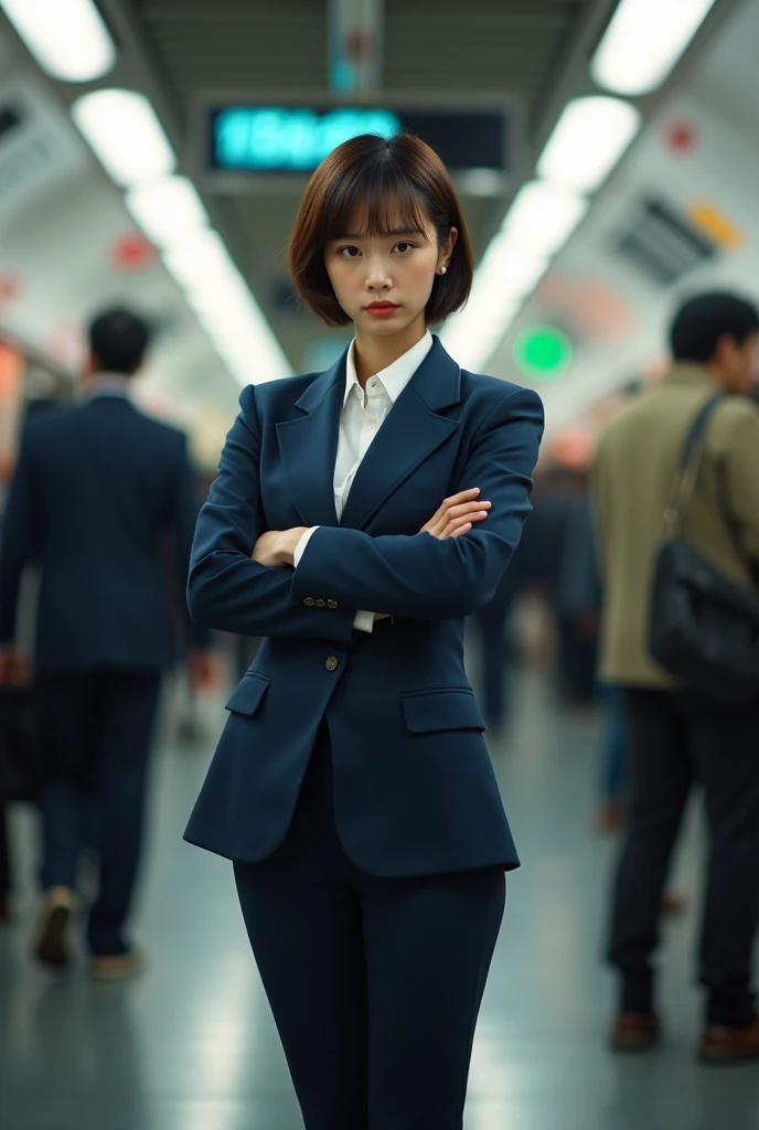 26 year old beautiful busty asian woman,Highest vulgarity image quality、realistic、16K、vulgarity face、cute、short perm hair、muscular,Standing、OL in the subway、navy suit、whole body、Annoyed、panoramic、show me your long legs、Photographed quite far away、whole body姿、arms folded、Full body、