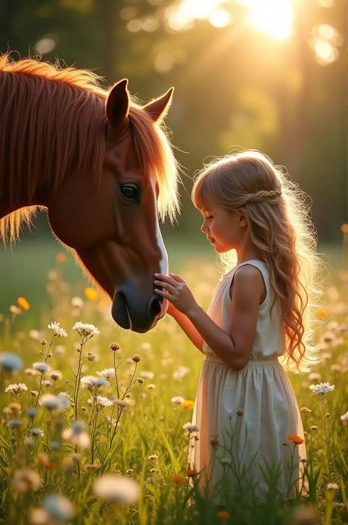 A naked girl touching a horse