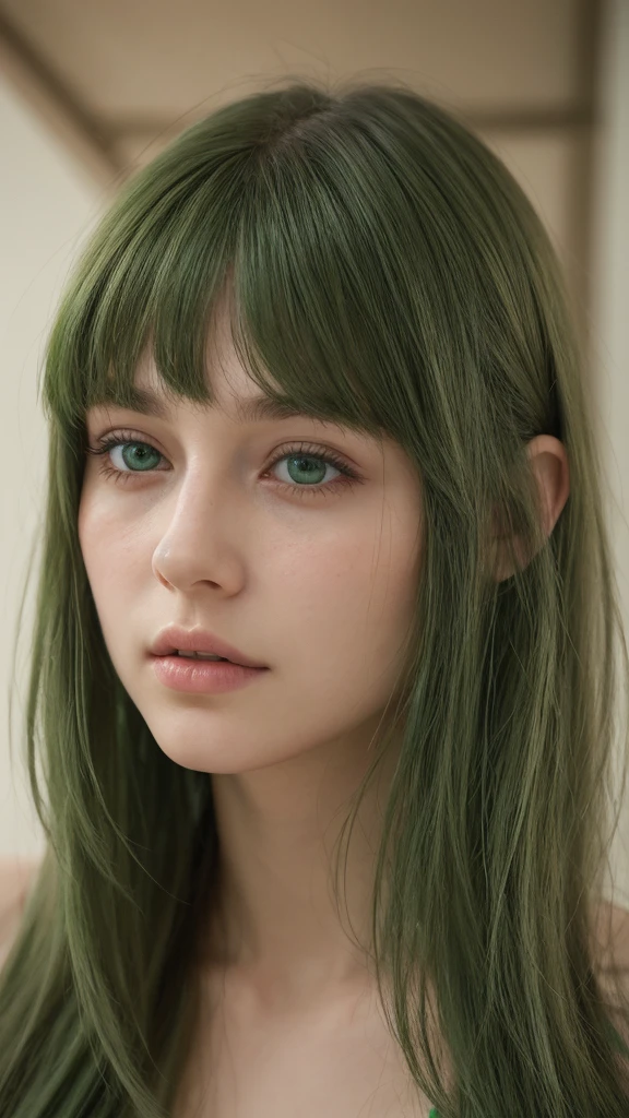 a girl. European. Extremely detailed face. Oval face. Delicate facial features. Half-closed eyes. Long straight hair. Messy hair. Bangs. Green hair. Green eyes. seductive expression