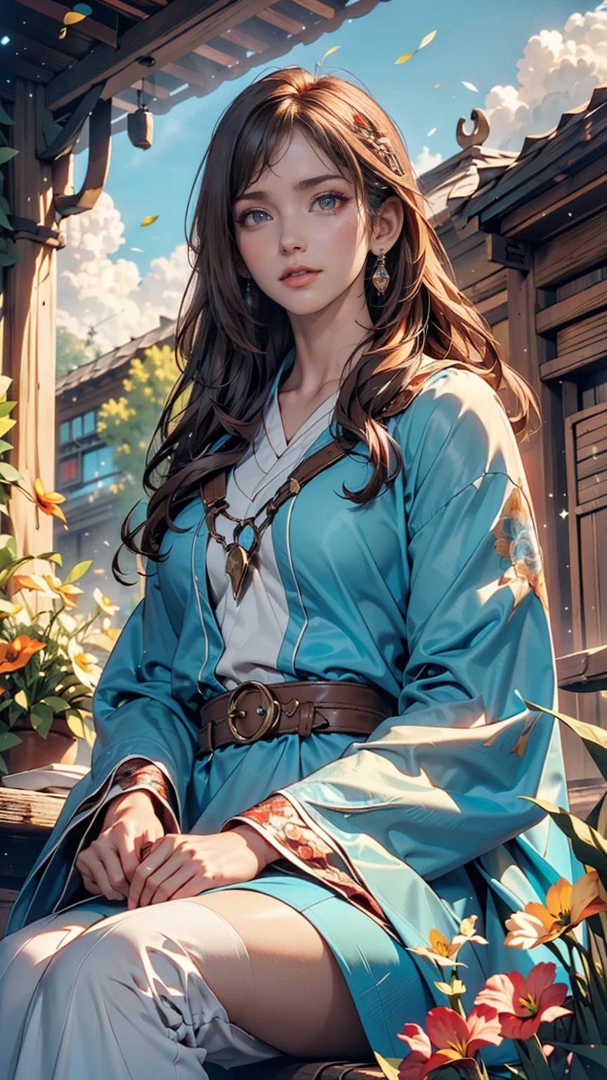 (Highest quality, masterpiece), Turquoise Screen Filter, (One person, alone, Brown robes, expression, look up, Sitting, Wide sleeves, Iris, Mouth closed, Long Hair, Cowboy Shot), (sunny, Cosmos field, cloud),