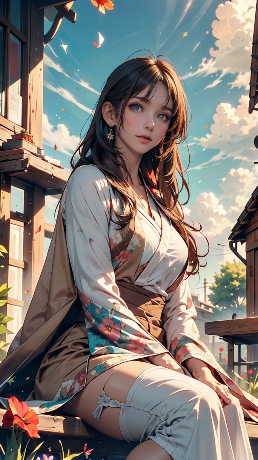 (Highest quality, masterpiece), Turquoise Screen Filter, (One person, alone, Brown robes, expression, look up, Sitting, Wide sleeves, Iris, Mouth closed, Long Hair, Cowboy Shot), (sunny, Cosmos field, cloud),