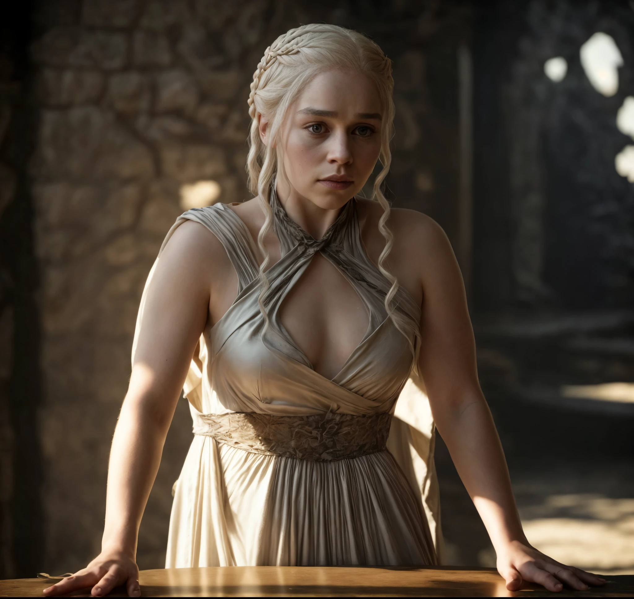 masterpiece, stunning portrait photo of khls woman, sleeveless, erotic costumes, sensual satin dress, game of thrones inspired costumes, compelling, cinematic, extremely gorgeous, stunning beauty, dark ruined place cinematic background, 
  