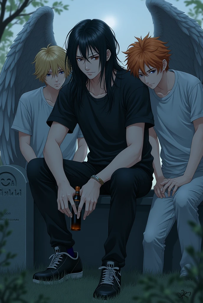 In the middle is a guy with long black hair, gray eyes, a beautiful face, a beautiful body, a black T-shirt, black pants, sad, sitting with a bottle of alcohol in the cemetery in front of a tombstone. On the right sits a guy, blond, handsome, toned body, in a gray shirt and white pants with big angel wings and brown eyes. On the left is a guy with orange hair, wearing a white T-shirt and dark gray pants, blue eyes, big angel wings. Anime art, masterpiece, realistic, overdetalization, hand detailing, face detailing