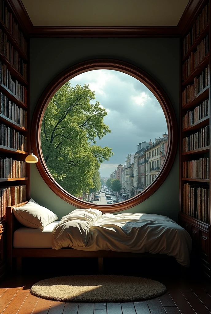 A small room with big complete circular window that show street view with green trees, weather is dark with clouds and winds, a bed near window and book shelves around the bed, the room has low lights