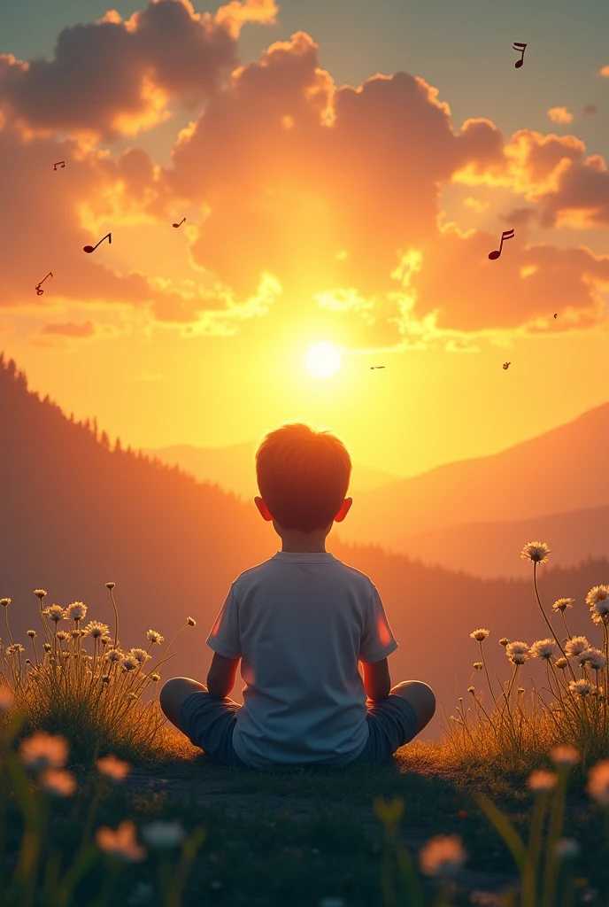 A boy feeling his inner peace make a poster for the song Inner peace make him backwards make it like a landscape