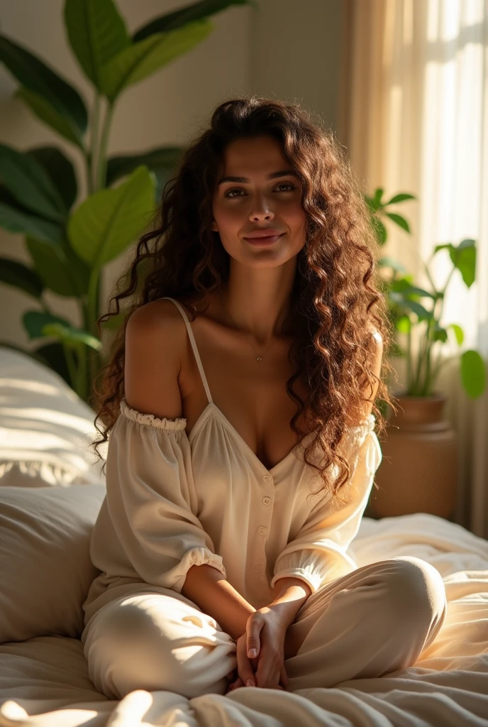 (photorealism:1.2), beautiful woman, sitting on bed, wearing loose off-shoulder top, pajama pants, long curly hair, indoors, soft lighting, plants in background, window with sunlight, cozy room, relaxed pose, realistic, intricate details, warm colors, by Greg Rutkowski, by Alphonse Mucha