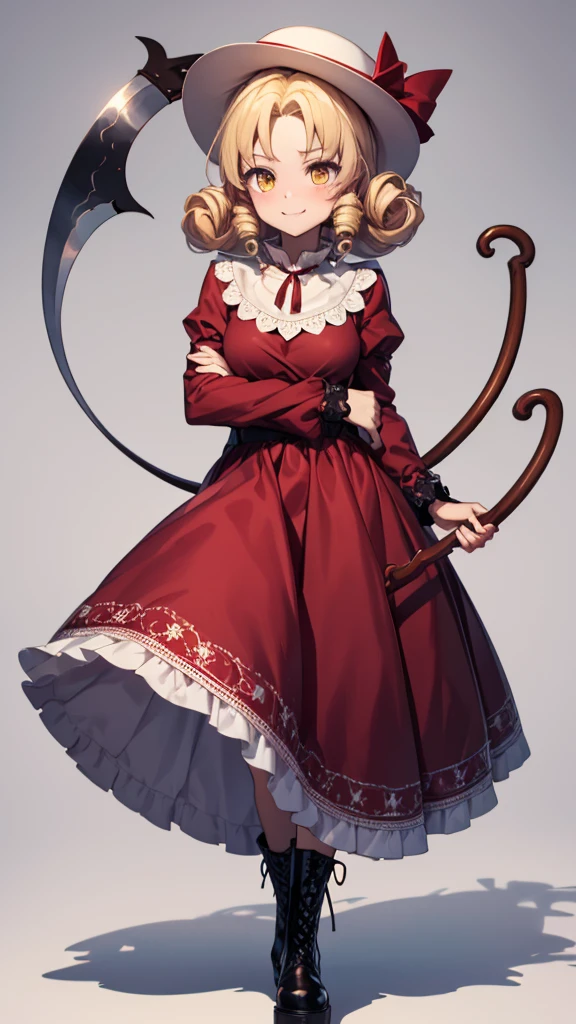 a drawing of an anime character in a red dress and boots with a large scythe, ((high end)), (UHD picture), (best quality,4k,8k,highres,masterpiece:1.2), top-quality(​masterpiece), top-quality, ultra-detailed, highly detailed texture, intricate details, high quality textures, masterpiece, best quality, perfect quality, perfect anatomy, perfect body, perfect symmetrical face, perfect hands, perfect feet, (two arms:1.2), (two legs:1.2), (five fingers each:1.2), (perfect joint:1.2), perfect joint movement, precise fingers and hands, 1 beautiful girl, 1 girl, alone, solo, , 10 years old, (((loli))), ((childish)), hat, white hat, blonde hair, long hair, parted bangs, drill hair, well-formed face, yellow eyes, maxi dress, red dress, dress, long sleeves, frills, long skirt, simple background, scythe, holding scythe, holding, white socks, smile, cute face, beautiful, holding scythe