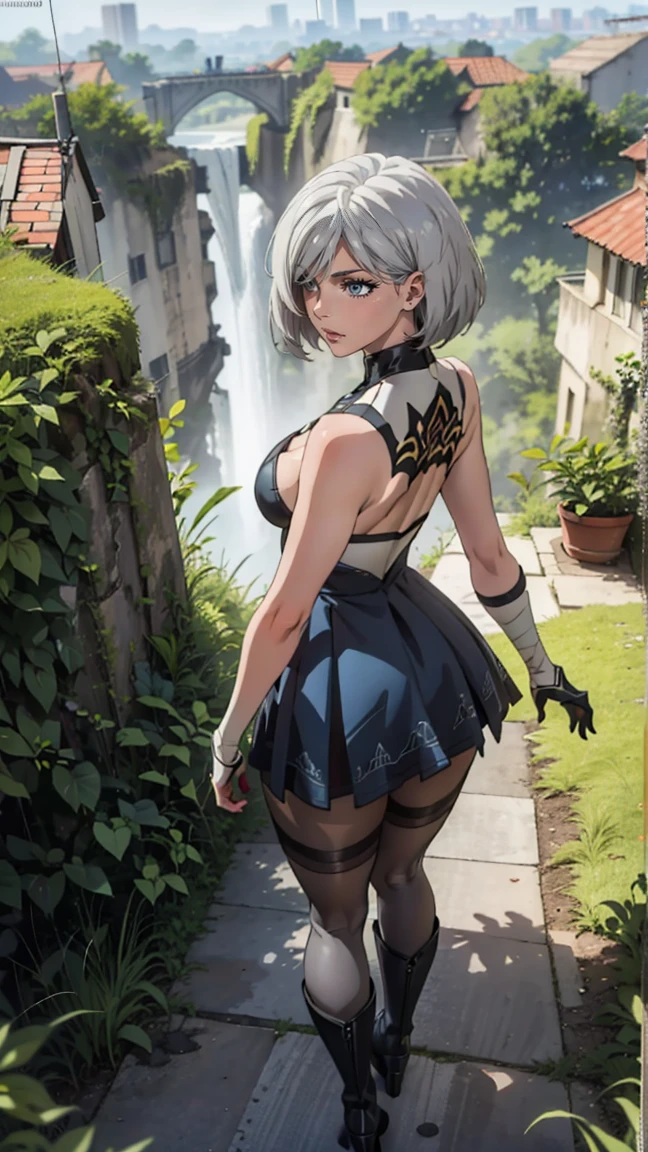 ass POV, camera from above, view from above, There is only one girl in the frame, ass POV, close-up photo, It's working, Fighting pose, sexy pose, forests, Ruin, water fall, slender legs, White Hair Bob, ash hair, The eyes are covered with a bandage, Blue eyes, black dress with short skirt, short black skirt, upskirt, chest cutout, white panties, black stockings, high black boots, high heel boots, very very beautiful, Small firm buttocks, A slim body, full length(Full body 1.1),slot machines, ruined city, city, overgrown with plants, Ruin, Official high detail illustrations, ((beautiful fantasy girl))，red , Her breasts are sticking out from under her clothes, (main part: 1.2), Best quality, a high resolution, photorealistic, Photogenic, Обои Unity 8k, (illustration: 0.8), (Beautiful detailed blue-gray eyes: 1.6), very detailed face, perfect lighting, extremely detailed computer graphics , (perfect hands, Ideal Anatomy), Girl with perfect breasts, Beautiful face, Master&#39;s Degree, complex parts, Realistic details, anime, (Based on Nier automatons) perfect body, Ideal girl, Perfect details, ultra HD |, 8 K, professional photo, Anime Style 2B,