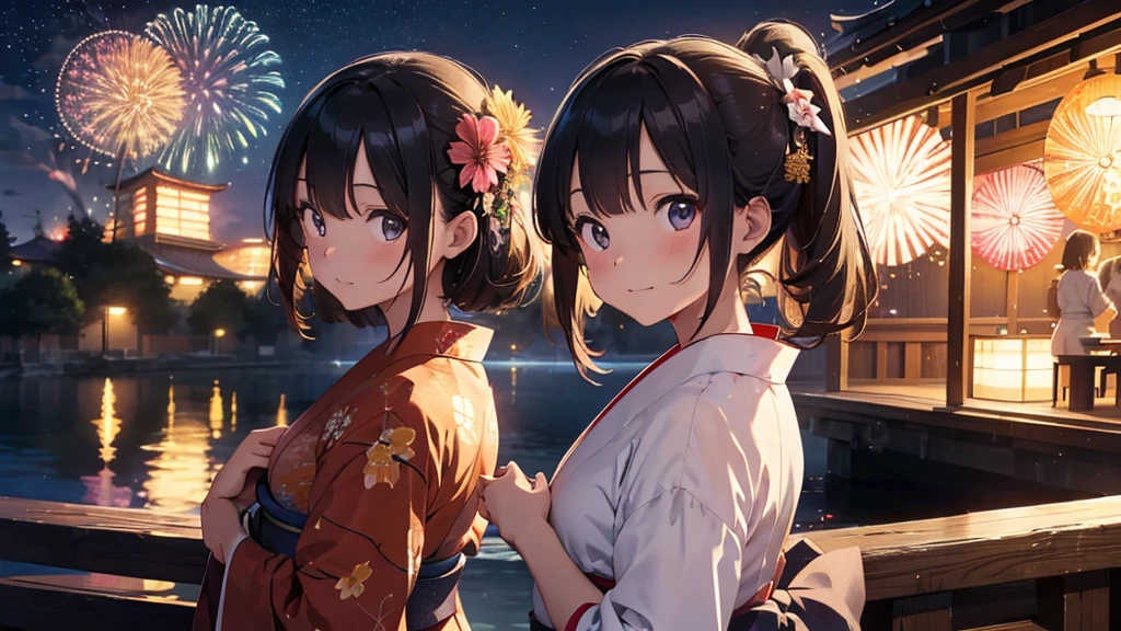 firework、Summer festival、Illustration of a beautiful girl in a yukata., 8K Ultra HD, RAW Photos, Digital Painting, Super detailed, Golden Ratio