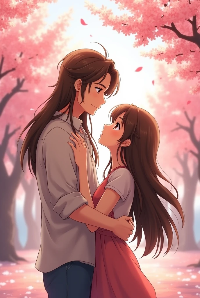 Make a man with long long brown hair hugging his cute girlfriend with long brown hair , make it in anime style man with long hair