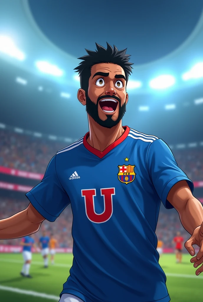 37 year old man, brown skin, trimmed black beard, short black hair, Brown eyes, blue soccer jersey, with a large red U and white border on the top left of the shirt, small gold star above the U, Adidas logo in white on the upper right side of the jersey, celebrating a goal, anime style, Love