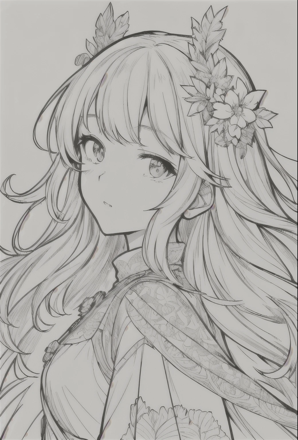 European woman face portrait、Long Curly Hair、blonde、Floral frame、Decorative panel、Abstract Art of Alphonse Mucha、sketch、Character Line、Scenes without color or shadows。 (masterpiece、Highest quality、High resolution:1.4)、detailed、複雑なdetailed、4K、Splashes of color、Line art、Fibonacci、Coloring page, 非常にdetailedなイラスト, 非常にdetailedなLine art, Very fine line work, 非常にdetailedな肖像画, Extremely fine line work, 非常にdetailedなLine art, 非常にdetailedな図面, Line artぬり絵, 非常にdetailedなイラスト.", 非常にdetailedな肖像画, 非常にdetailedなイラスト, 非常にdetailedなアートワーク, detailedなデジタル図面