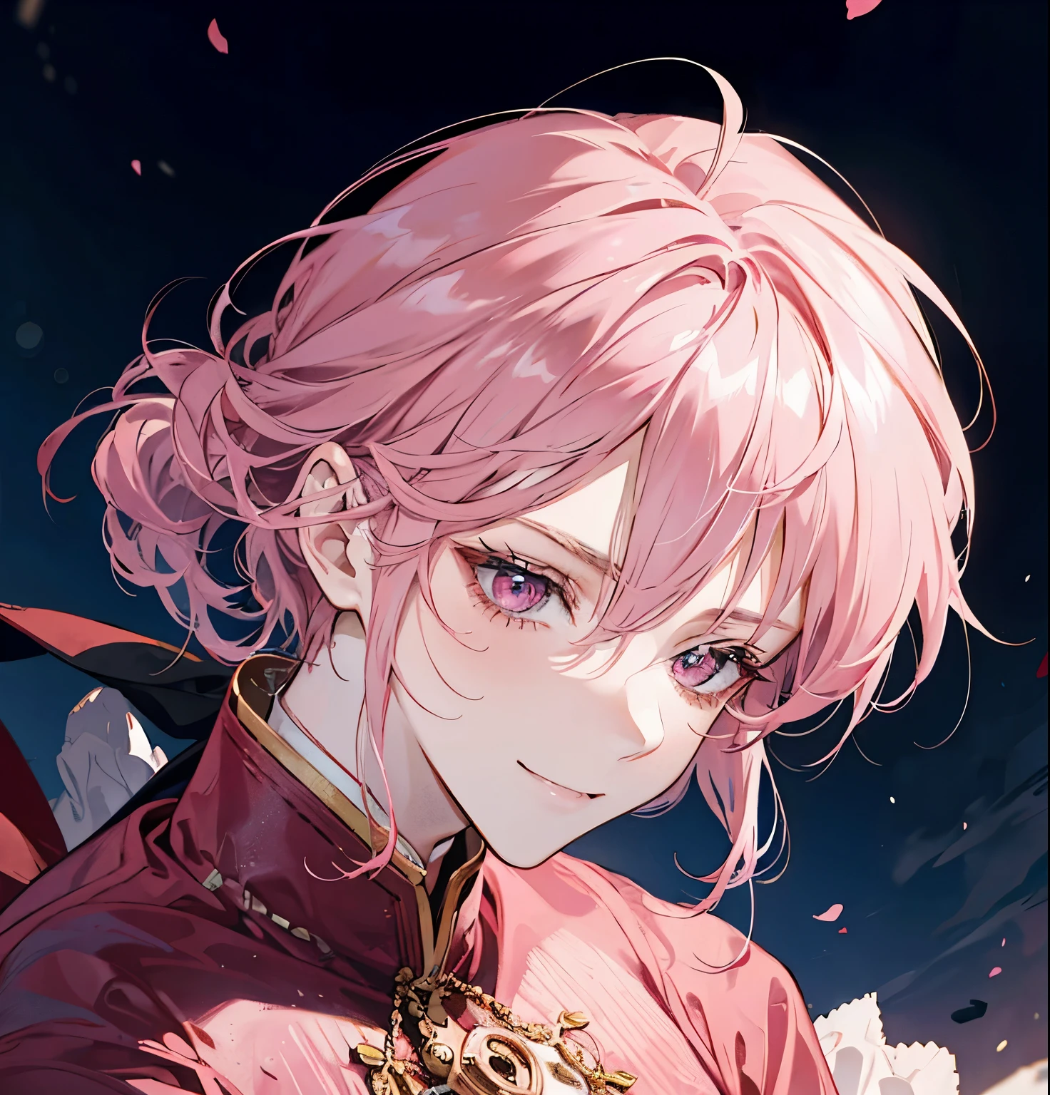 Pink hair tied back、Red sharp eyes、smile、Thief、Adult male、Mature