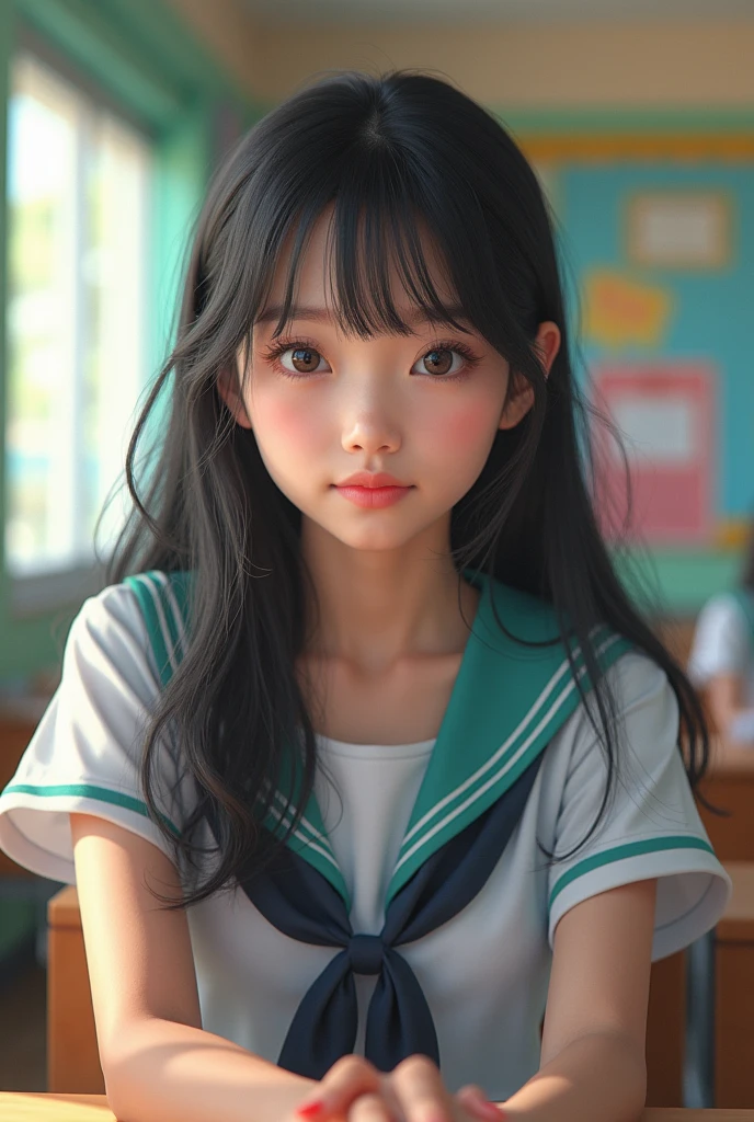(masterpiece,Highest quality:1.4),(8k,RAW Photos,Photorealistic:1.4),Ultra-high resolution, ,(Glowing Skin:1.4),Detailed skin,Detailed face,Detailed eyes,(Beautiful and shining eyes:1.2),Symmetrical eyes,Detailed ears,One person,Natural Makeup,high school girls,(((Japanese Idols))),(Japanese Face),Detailed Background,Vivid background,Beautiful and shiny hair,,((Average teenage breasts)),,(Detailed Summer school uniforms for senior high school girls Japan),,((Sharp Face)),Natural light,,(Very detailed ,Trend design for 2024,online shopping,LUMINE® Market,),Trendy hairstyles,black_hair,long_hair,Upper Body,,(Detailed classroom of a girls' high school,,Location was great.),,Real-life schoolgirl、、Random Posing