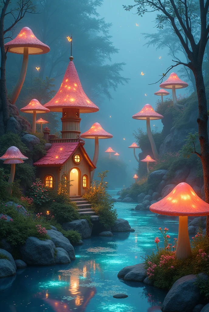 “Create an image of a magical and mysterious little town where fairies live, sprites and gnomes. The town is surrounded by crystal-clear lakes and enveloped in a mist that creates a soft atmosphere,ethereal and renewing. Includes magical houses that seem made of light and enchanted materials. Add luminous mushrooms that illuminate the landscape and bright butterflies that fly around. The environment should be so mystical that it seems like reality merges with fantasy.”