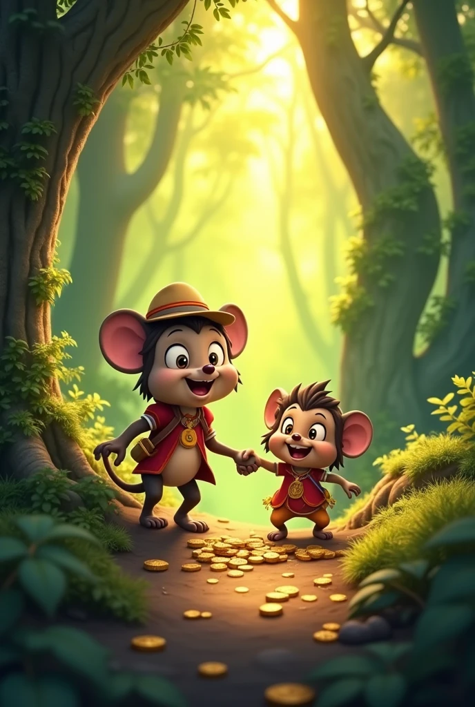 .Motu and Patlu are two close friends who are always looking for adventures. One day, they both decide that they will go to the forest and have some adventurous experiences there.
When they reach the forest, the atmosphere there is very beautiful and mysterious. Tall trees, colorful birds and wild animals welcome them. Both friends are very happy and decide to move forward.
While entering the forest, they find an old map on which a secret treasure is marked. Motu, who is always fond of eating, says that "If this treasure turns out to be gold or food, we will be rich!"
Patlu, who is intelligent and resourceful, says that "But we must be careful, because there could be dangers in the forest."
Along the way, they face various challenges. Sometimes they have to escape from a snake hanging on a tree, sometimes they have to cross a deep pond. But both friends overcome every difficulty with their friendship and courage.
Finally, they reach the treasure's location. There they find a chest buried under a large rock. When they open the chest, a smile of joy comes on their faces. The chest contains precious stones, gold coins, and some delicious food and drinks.
Motu says with joy, "This is the best day of our lives!"
Patlu says with a smile, "This is all because of our courage and friendship."
They both return to their village with the treasure and tell everyone their adventurous story. Everyone praises their bravery and friendship.
Thus, Motu and Patlu add a new experience to their lives with another memorable adventure.