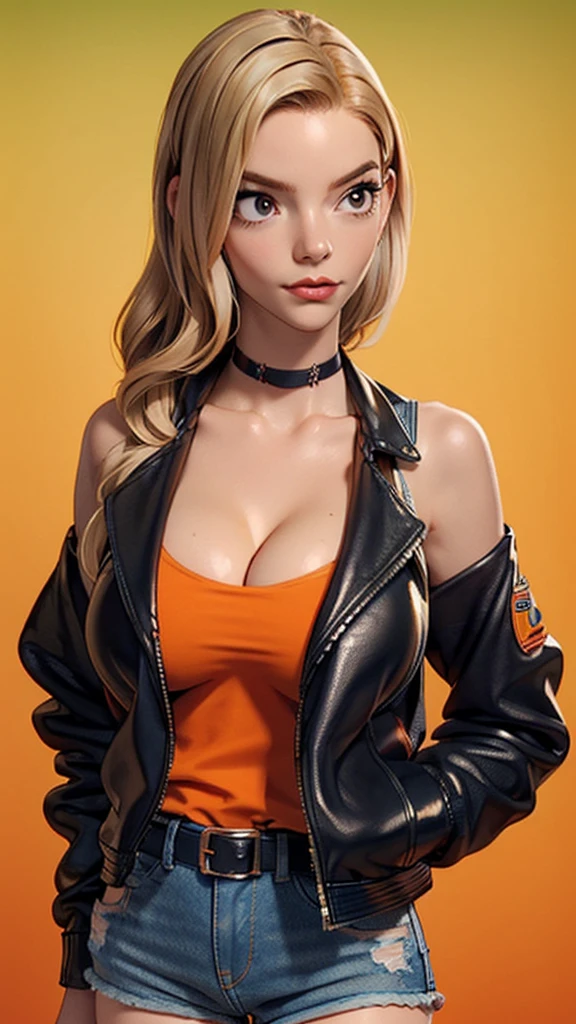 one girl, solo, abs, slender body, (upper body, bust:1.2), (black eyes:1.3), blonde hair, (bare shoulders:1.2), masterpiece, highly detailed, look at viewer, front view, (big breasts, huge breasts, giant breasts, exposed breasts, deep cleavage:1.5), (leather jacket, denim shorts, choker:1.4), (studio lights, blured background, glowing edges of image, shiny blured orange background, gradient sprayed background, colorful background:1.3), expressing joy, belt