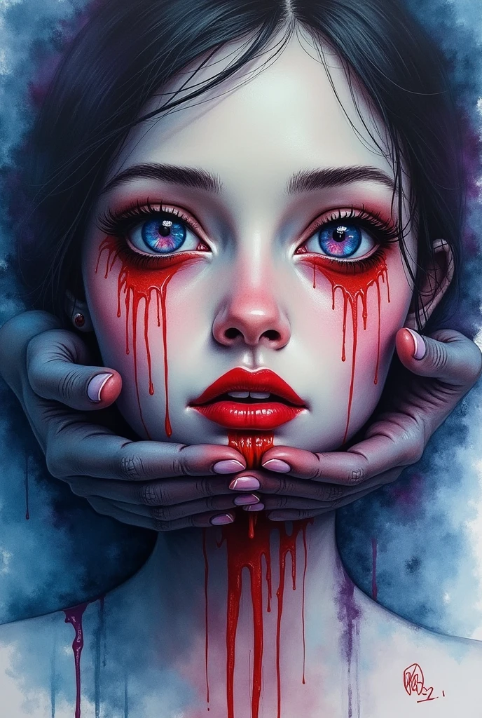 Water color abstract painting of a woman face crying blood. Someone stoping her from takling grabbed her mouth from back