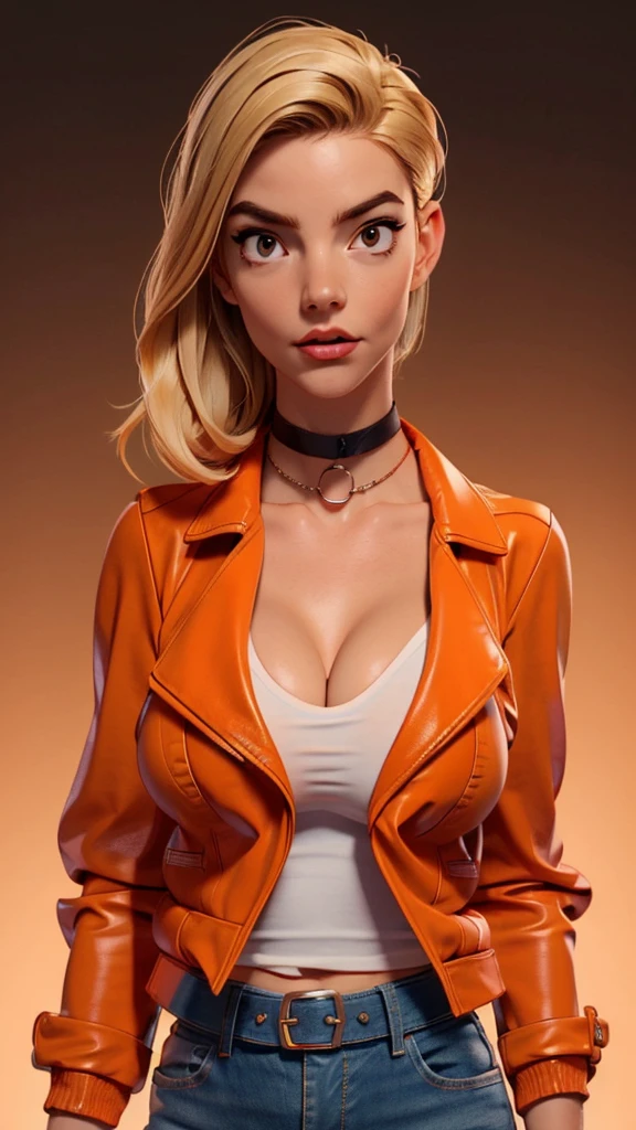 one girl, solo, abs, slender body, (upper body, bust:1.2), (black eyes:1.3), blonde hair, (bare shoulders:1.2), masterpiece, highly detailed, look at viewer, front view, (big breasts, huge breasts, giant breasts, exposed breasts, deep cleavage:1.5), (leather jacket, denim shorts, choker:1.4), (studio lights, blured background, glowing edges of image, shiny blured orange background, gradient sprayed background, colorful background:1.3), expressing joy, belt