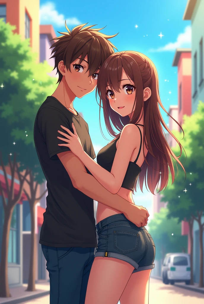 Brown haired boy standing hugging a sexy sensual girl in shorts and crop top with long brown hair and long bangs anime standing adults