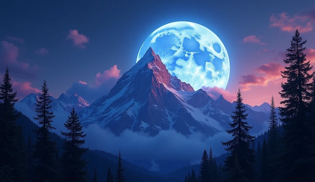 A big super blue colour moon in behind the mountain sky on earth and beautiful colours full