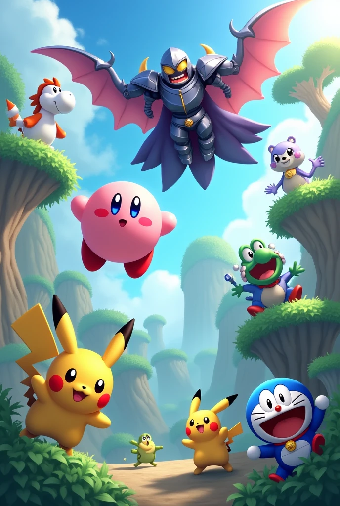 Kirby, Meta Knight, Yoshi, Greninja, Pikachu, Paimon, Doraemon, and Suneo