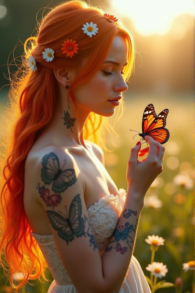 Woman turned to the left, white with fire-colored hair with butterfly tattoos below the eye to the neck, holding a butterfly in hand