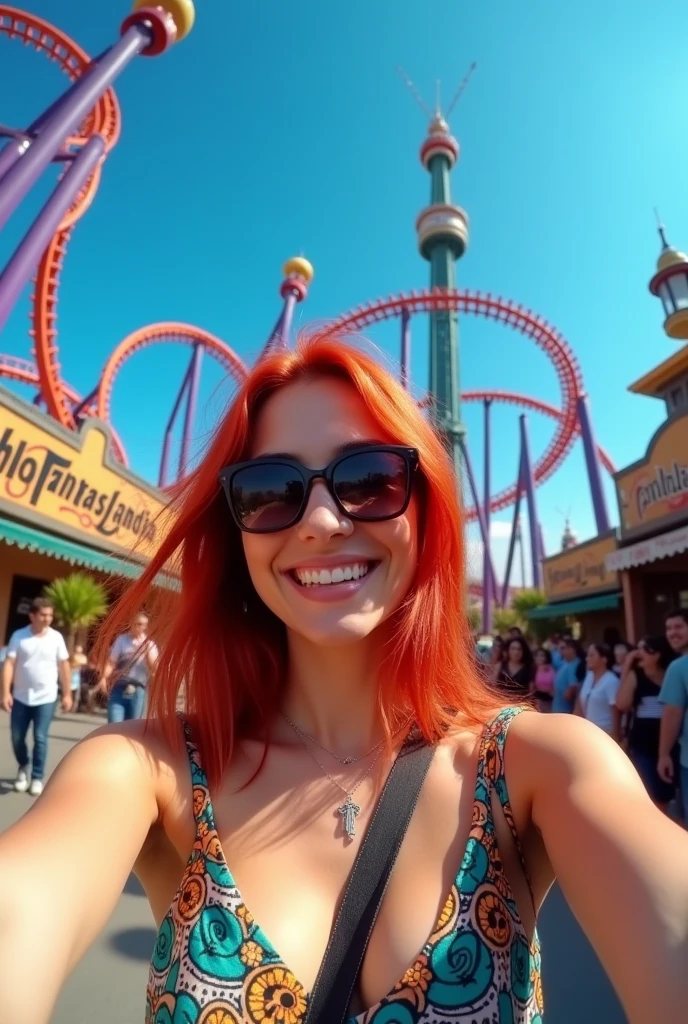 20-year-old redhead, Chilean, taking a selfie at Fantasilandia