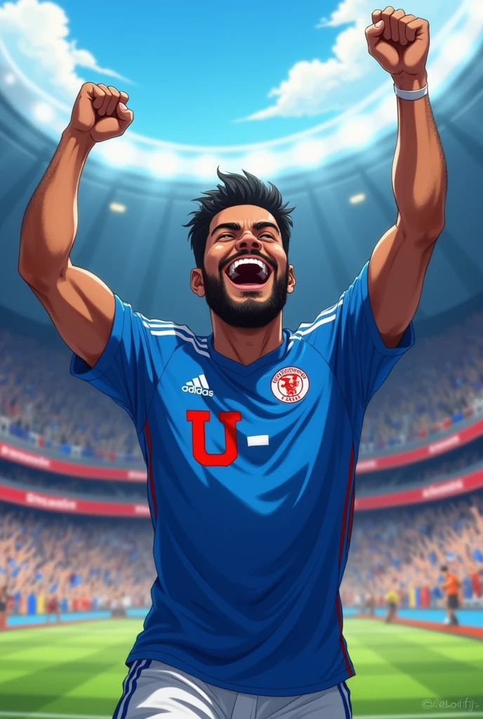 37 year old man, brown skin, trimmed black beard, short black hair, Brown eyes, blue soccer jersey, with a large red U and white border on the top left of the shirt, Adidas logo in white on the upper right side of the jersey, celebrating a goal, anime style, Love