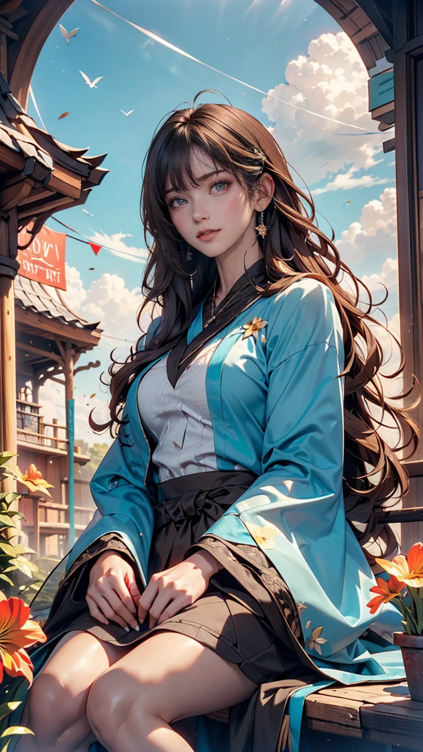 (Highest quality, masterpiece), Turquoise Screen Filter, (One person, alone, Brown robes, expression, look up, Sitting, Wide sleeves, Iris, Mouth closed, Long Hair, Cowboy Shot), (sunny, Cosmos field, cloud),